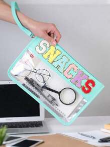Fashionable Snack Storage Bag, Outdoor Travel Cosmetic Bag, Portable Women's Clutch Bag Storage Bag, Letter Printed Makeup Bag, PVC Waterproof Portable Cosmetic Storage Bag Toiletry Bags Summer Travel Essentials For Beach Vacation Holiday School Supplies Dorm Essentials Back To School Purse Travel Accessories Summer Beach Bag Tote Bag Wallet MakeUp Bag Car Accessories