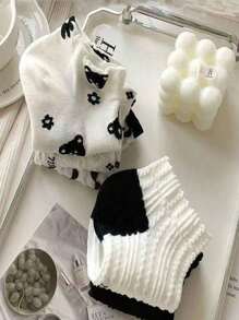 5 Pairs Low-Cut Shallow Mouth Sweet Black & White Thin Socks, Korean/Japanese Style Lace Short Socks, Suitable For Spring & Summer