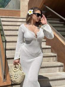 Damen Große Größen Neue Modische Sexy Strand Urlaub Lässig Cut Out Langarm Langer Metall Nagel Knopf Strick Weites Kleid, Frühling Sommer Herbst