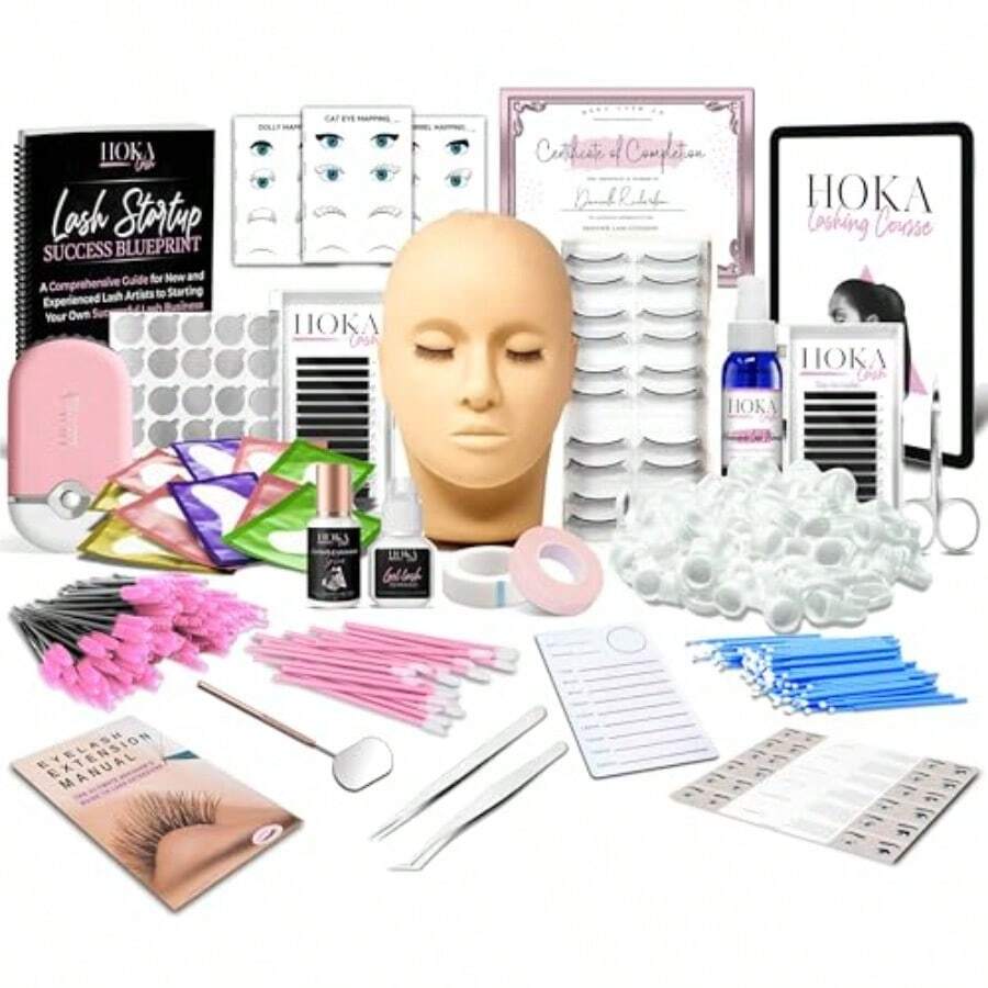 Hoka Lash Eyelash Extension Kit Training Course And Certification Professional Lash Extension Kit For Beginners Includes Practice Mannequin Head Lash Trays Glue Tweezers Fan More - Black - View 1