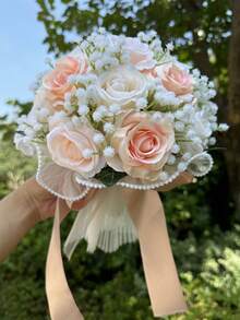 1朵新娘婚禮花束，象牙白新娘花束，人造花婚禮花束，帶絲帶伴娘花束，情人節，裝飾珍珠蕾絲網玫瑰花束