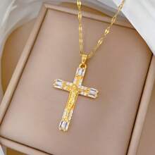1pc 14K Gold Plated Stainless Steel Jesus Christ Cross Pendant Necklace, European/Arabian Style Religious Church Cross Necklace For Women, For Daily Wear, Gift Or Worship