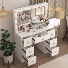 Vanity Dressing Table Desk Set With LED Lighted Mirror 7 Drawers Crystal Handle  Vanity Dressing Table Desk Set
