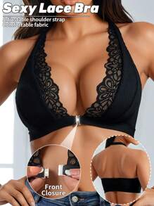 Women's Sexy Lace Neck Plunge Bra Front Closure Seamless Bralette Black Backless Contrast Mesh Lingerie For Women Adjustable Halter Underwear Wireless Halter Bra Top For Evening Events And Weddings