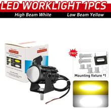 Heyword 2pcs White + Yellow Motorcycle LED Headlight Mini Driving Lamp Fog Light 12V/24V Universal Dual-Color Projector Lens With Switch, Fit For ATV Scooter Auxiliary Spotlight Motorcycle Accessories