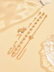 3pcs/Set Romantic Vacation Ocean Style Shell Chain Decor Jewelry Set, Including Starfish & Shell Pendant Bracelet, Fashion Fashionable Gold Combination Bracelet Suitable For Women's Daily Wear, Beach Party, Handmade Chain Length Customized, Faux Pearl & Shell Quantity Random