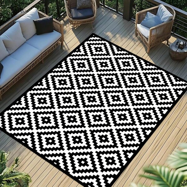 1/2 set de tapis d'extérieur de style minimaliste moderne noir et blanc, motif de grille de style mosaïque, convient pour le camping, les pique-niques et les balcons, tapis de patio doux, convient pour les couloirs, les salons et les tapis d'extérieur