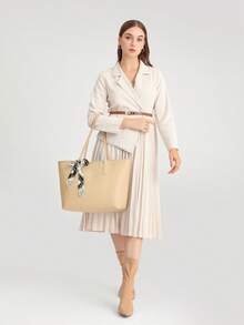 Fashionable Khaki Large Capacity Lightweight Scarf Decorated Tote Bag - Light Khaki - View 3