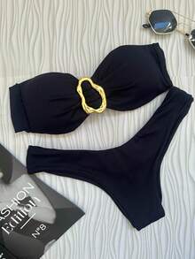Black Strapless Bikini Top With Removable Padded Cups Elegant Casual Knot Ring - Black - View 1