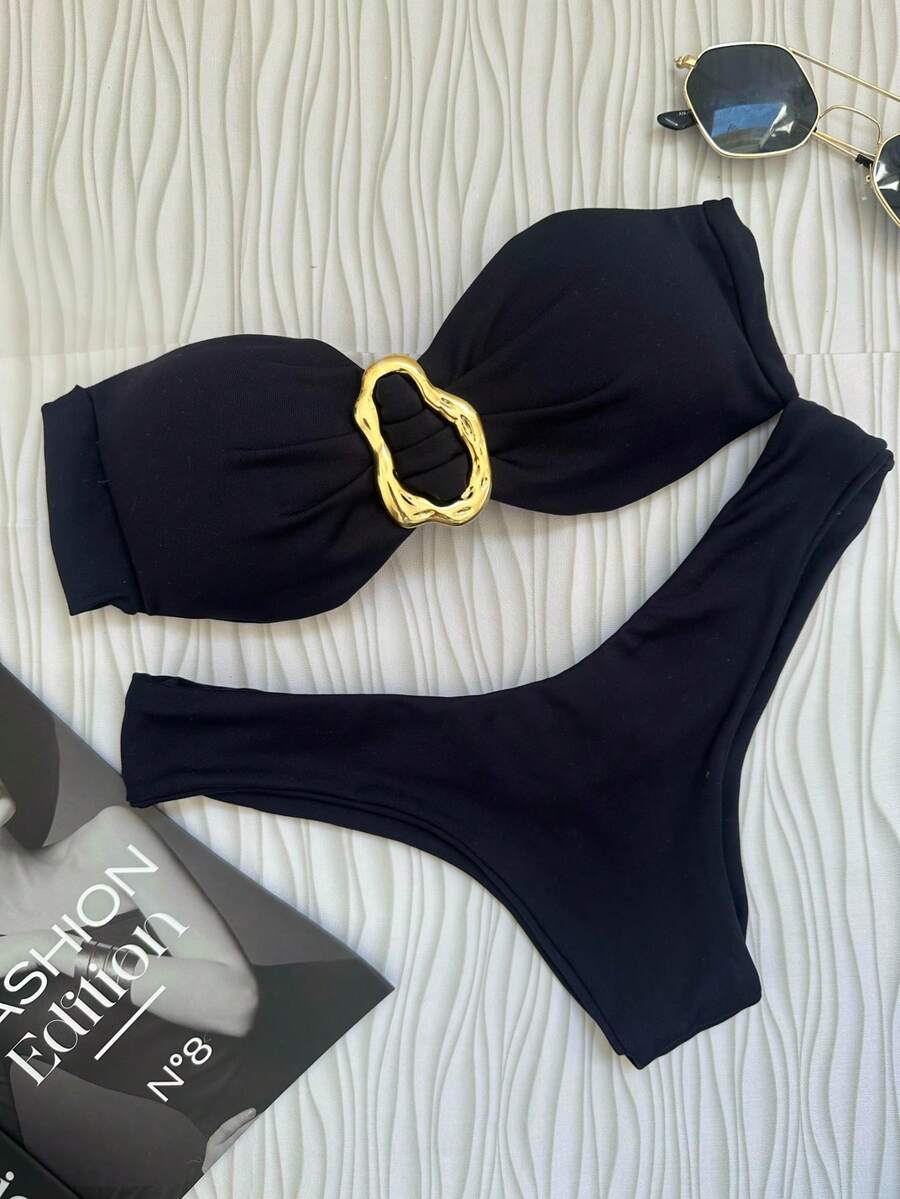 Black Strapless Bikini Top With Removable Padded Cups Elegant Casual Knot Ring - Black - View 1