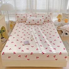 [Cherry Print | Soft] Soft And Breathable 1pc Cherry Print Fitted Sheet | 100% Polyester Brushed Fabric, Comfortable And Light Beige-Friendly, Suitable For Various Scenes, Machine Washable, Can Be Used In All Seasons