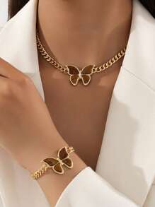 1 Set Vintage Thick Chain Butterfly Pendant Necklace & Bracelet