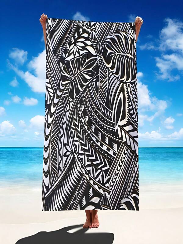 1pc Polynesian Hawaiian Samoan Beach Towel - Quick-Dry Super Soft Microfiber, Modern Black & White Geometric Print, Knit Fabric For Beach, Pool, Gym & Travel - Lightweight & Absorbent, Poolside Accessory | Quickdrying Fabric, Beach Blanket Beach Essentials
