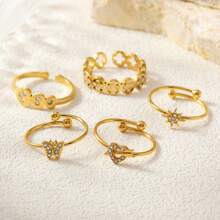 Juego de anillos con baño de oro al estilo francés para mujer, set único de anillos de circonita sintética con diseños de corazón, luna y delfín, anillos ligeros y de lujo, anillos de acero inoxidable sencillos pero elegantes, regalos para fiestas y cumpleaños, parejas