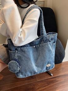 New Fashion Casual Solid Color Washed Canvas Women Tote Bag With Multiple Pockets, Shoulder Bag, Large Capacity Suitable For Commuting & Shopping,Including Coin Purse