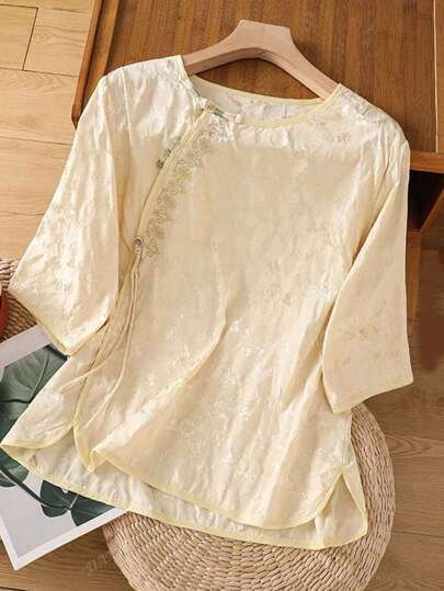 JIANHU Women's Summer Silk-Blend Shirt - Short Sleeve Chinese Style With Frog Buttons & Floral Embroidery, Breathable Boho Top For Tea House/City Walks/Casual Outings