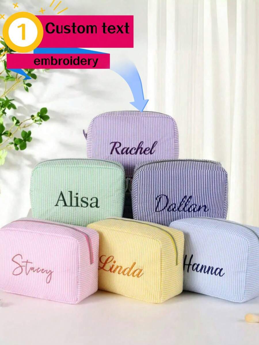 Bolsa de maquillaje bordada con letra personalizada, bolso de mano bordado personalizado, bolsa de maquillaje bordada personalizada, bolsa de maquillaje de gasa de burbujas, regalo para dama de honor, regalo para despedida de soltera, bolsa de almacenamiento de cosméticos, regalo para despedida de soltera, bolsa de aseo y cuidado cosmético para mujeres