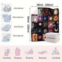 1pc Vintage Sun & Moon Print Flannel Blanket - Soft Blue & White Flannel Blanket With Digital Printing, Machine Washable, Ideal For Travel, Sofa, Bed, Office And Home Decor - Perfect Birthday And Holiday Gift For Boys, Girls And Adults - Multicolor - View 12