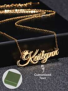 1pc Electroplated 18k Gold Stainless Steel Necklace, Fashionable DIY Personalized Stainless Steel Double-Sided Name Letter Necklace, Crown Name Pendant, Multiple Fonts Available For Customization, Including Exquisite High-End Boxes Unique Ideal Gifts For Her