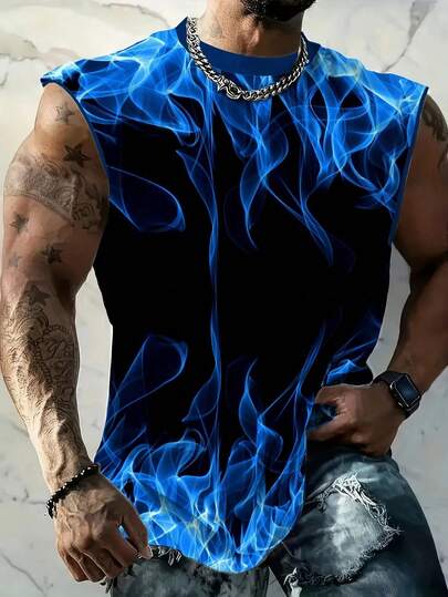 Parte superior sin mangas con estampado de llamas 3D talla grande, perfecta para entrenamiento de fitness, baloncesto y uso casual en verano para hombres