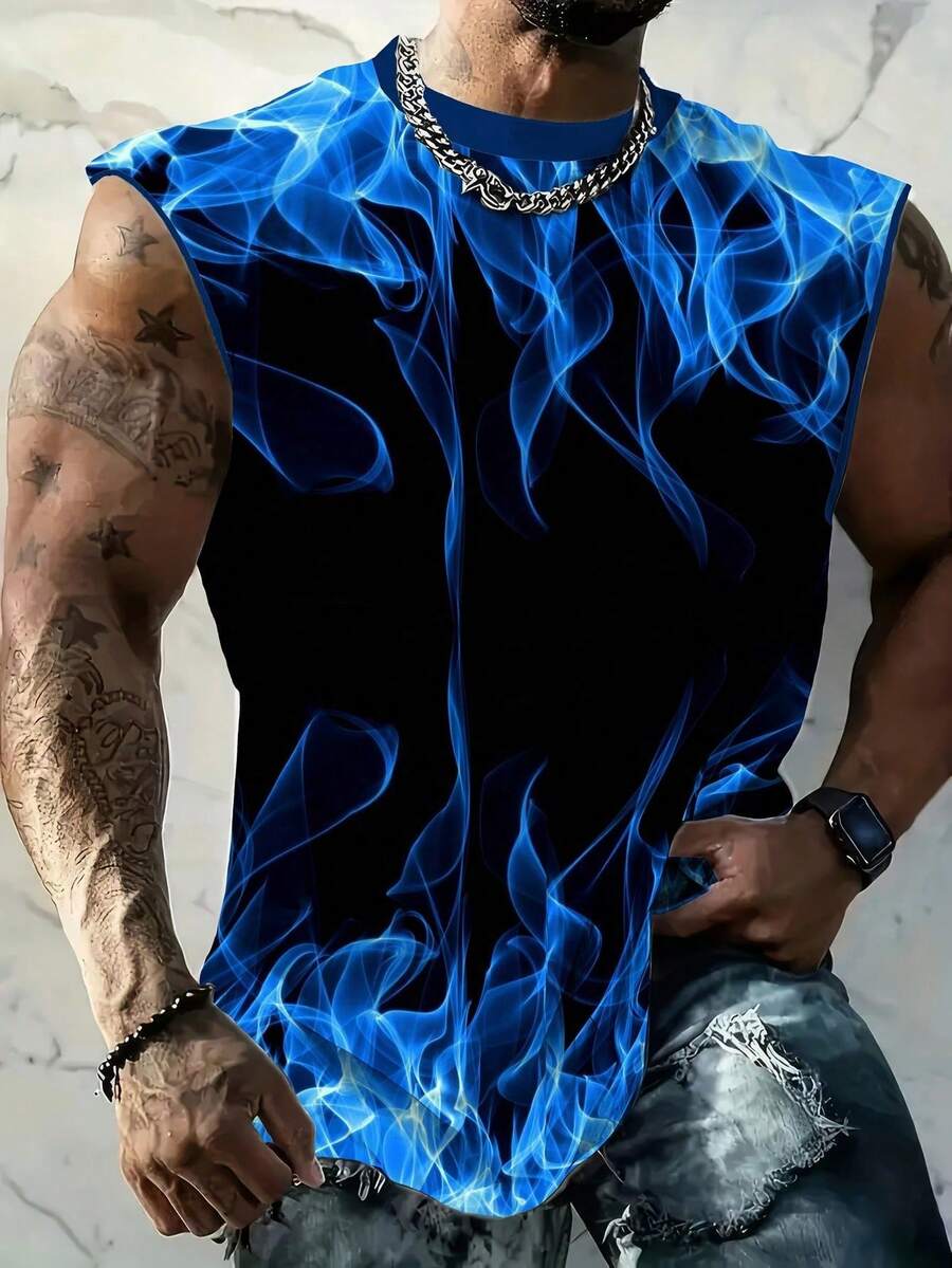 Plus Size 3D Flame Print Sleeveless Top, Perfect For Men's Fitness Training, Basketball And Casual Wear In Summer - Multicolor - View 1