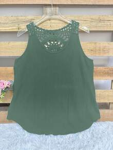 Plus 女士蕾丝镂空拼接后背无袖优雅背心 - 綠色 - 查看 3