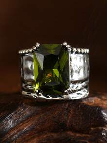 1pc Vintage Boho Style Silver Tone Women's Ring, Suitable For Wedding, Engagement, Commitment, Daily Wear - Olive Green - View 3