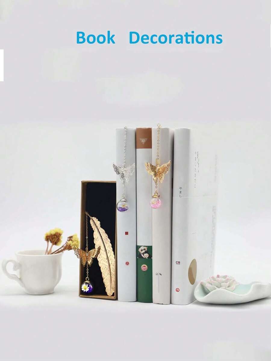 1 pieza Marcapáginas de metal con pluma, flor seca y hoja de mariposa creativa, artículos de papelería para estudiantes, regalo del Día del Maestro, elegantes suministros de oficina