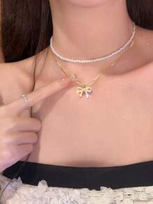 1 pièce Collier de luxe avec nœud en cristal à double couche et décoration de perles, bijou de style ras-de-cou délicat pour femmes, cadeaux