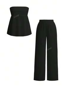 Vaiaye Women's Summer Sexy Bandeau Solid Color Vest Trousers Woven Two Pieces Set