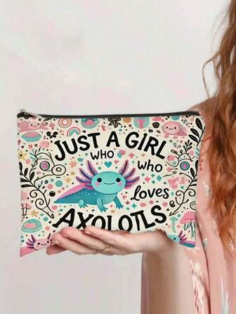 One Axolotl And Floral Pattern Design Makeup Bag - "Just An Axolotl Girl", Zippered Ladies' Cosmetic Pouch, Ideal Gift For Christmas, Birthday, Graduation Ceremony, Women's Gift Axolotl Themed Decorative Makeup Bag, Travel Toiletry Set Case. Zippered Bag, Lightweight Makeup Storage Pouch, Pencil Case, Universal Washbag, Phone Holdertravel Essentials Vacation Summer Holiday Back To School School Stuff Bag For School Wash Bag Travel