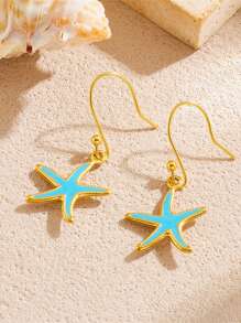 1 Set süße Cartoon Tropfenöl blau Seestern Anhänger Muschel Edelstahl Kette Schmuckset Ohrringe Halskette
