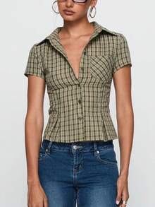 Women Y2K Vintage Plaid Shirt, Casual Short Sleeve Button Closure Slim Shirts Summer Crop Tops Preppy Style Outfits Teen Girls Streetwear For Casual Daily - 綠色 - 查看 2