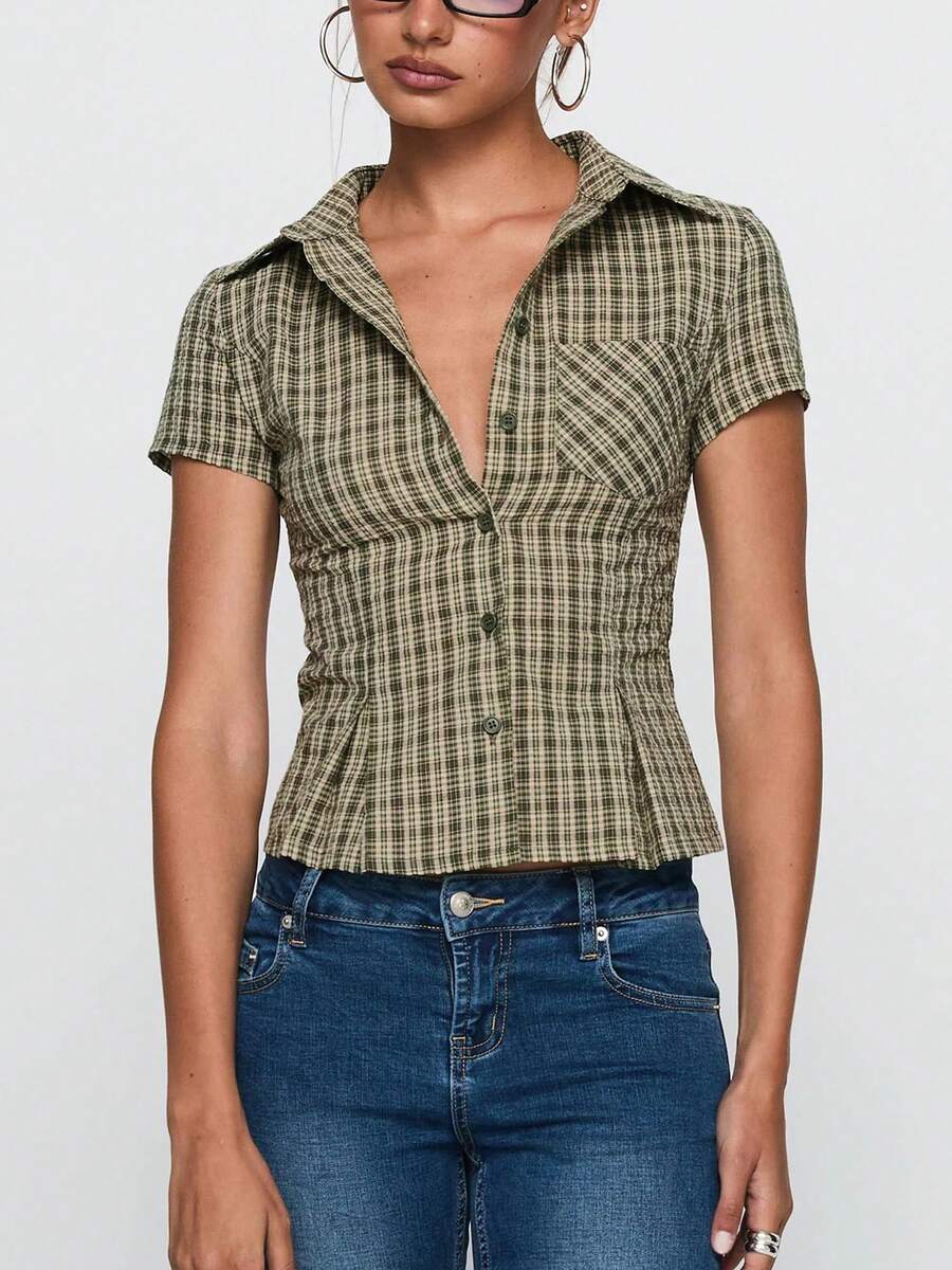 Women Y2K Vintage Plaid Shirt, Casual Short Sleeve Button Closure Slim Shirts Summer Crop Tops Preppy Style Outfits Teen Girls Streetwear For Casual Daily - Green - View 1