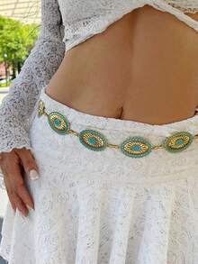 1 chiếc thắt lưng kim loại màu ngọc lam phong cách Bohemian cổ điển, dây thắt lưng thời trang, thích hợp cho phụ nữ dự tiệc bãi biển, quà tặng cho bạn gái/bạn bè - Vàng - Xem 2