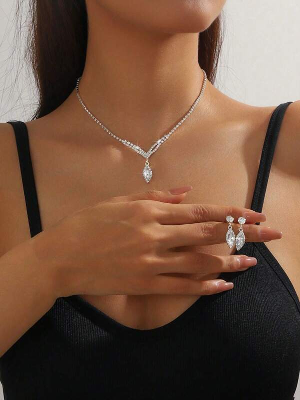 2 Pieces/Set Women's Party Banquet Wedding Rhinestone Decorative Necklace, Pendant Earrings,Suitable For Women's Daily Wear, Wedding, Party, Etc.
