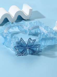 1pc Blue Lace Elastic Leg Garter, Elegant Butterfly & Faux Pearl Thigh Chain, Bridal Wedding Leg Strap