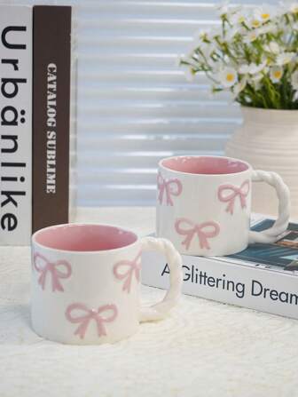 1 件创意 3D 蝴蝶结形陶瓷杯，带编织手柄，高品质咖啡/牛奶杯，可微波炉加热，送给女朋友的完美礼物，可爱的少女粉色水杯