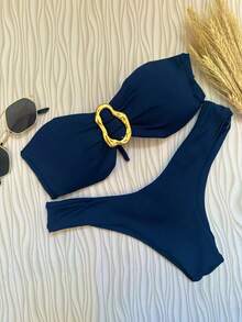 Navy Blue Strapless Bikini Top With Removable Pads Elegant Casual Knot Ring - Navy Blue - View 6