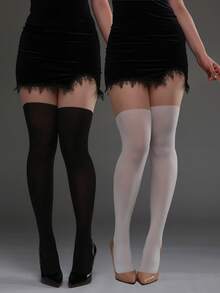 120D Spliced Tight Tights, Fake Thigh Tights, Black & White, Suitable For Halloween, Christmas, Student Style, Daily Wear, Cozy - Multicolor - View 12