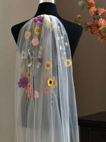 1 pièce Voile de mariée court à couche unique avec peigne, accessoire de mariage pour fête avec broderie florale colorée pour l'extérieur/pelouse