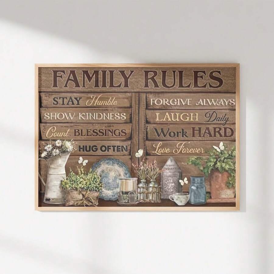 1 Pc Canvas Painting,Family Rules, Stay Humble, Forgive Always, Show Kindness, Laugh Daily, Count Blessings, Work Hard, Hug Often, Love ForeverRetro Eyes And Castles,Wood Framed Painting (1) Thickness 2.5 Cm/ 1 Inch-Home Decoration For All Occasions,Ideal New Year, Valentine's Day,Thanksgiving,Easter,Christmas Gift,Room Decoration Aesthetic,Wall Decoration Art,Perfect Gift,Autumn And Winter Wall Decoration,Living Room Decoration, Bedroom Decoration, Kitchen Decoration, Entry Decoration, Bathroom Decoration, Direct Wall Painting, High Quality Wall Painting Poster,Modern Home Decoration Stretched And Framed Ready To Hang - Black - View 1