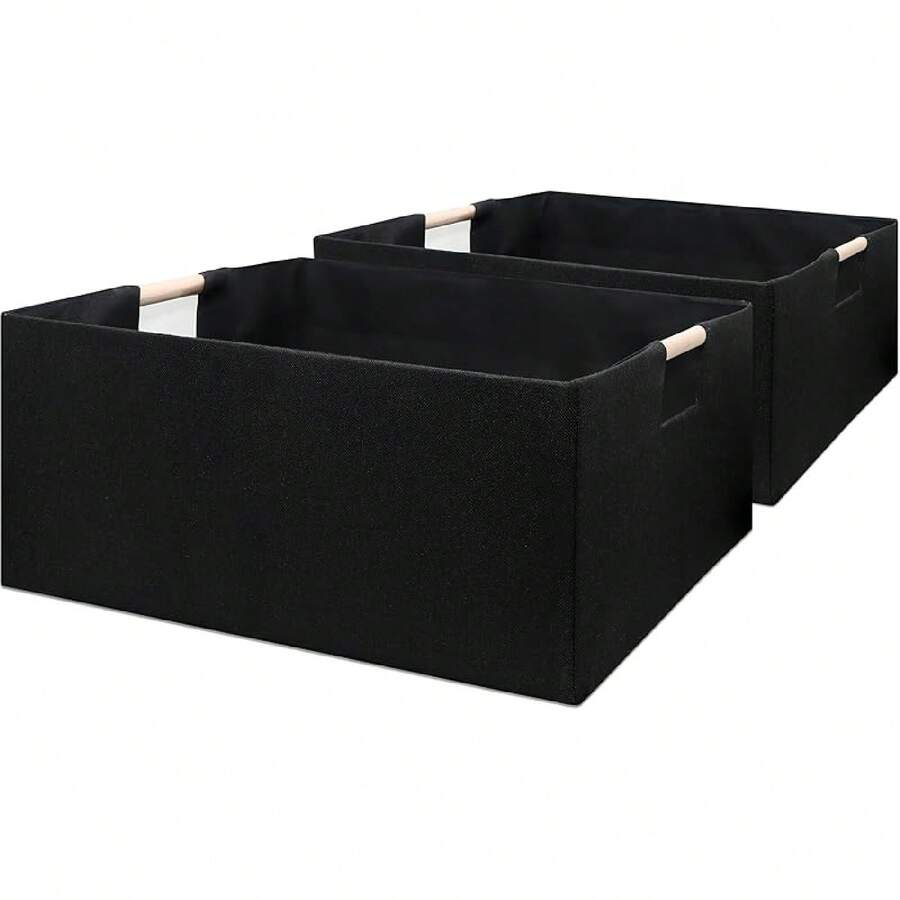 Cubos de almacenamiento plegables de tela, 2 paquetes de cestas de almacenamiento de tela con asas de madera, organizadores de estantería plegables, cajas de almacenamiento rectangulares para decoración (color café) - Negro - Ver 1
