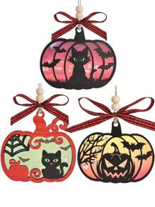 1 peça/3 peças 3,5*3 polegadas acrílico + madeira dupla camada enfeite de Halloween, design criativo em forma de abóbora de gatos, presentes de Halloween, decoração de casa com atmosfera de Halloween, decorações góticas de Natal estranhas, presentes de bruxa