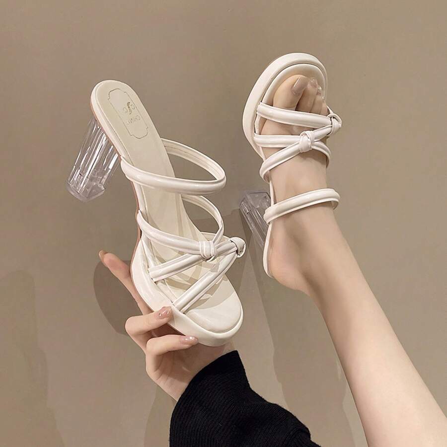 High Heels Women Summer New Transparent One-Strap Crystal Heel Slippers Round Toe Waterproof Platform Outdoor Slippers - White - View 1