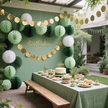 19 pièces/Set Décorations de fête de jungle bohème, incluant des boules de fleurs en papier, guirlandes en papier, tranches circulaires, kits de franges, convenant pour mariage, fête, avec fleurs en papier vertes, pompons gris-verts, suspensions de couronnes florales dorées, idéal pour les fêtes de campagne, mariages, enterrements de vie de jeune fille, anniversaires