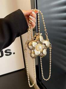 时尚手工珍珠百搭斜挎包，配有可拆卸长肩带，适合女士 - 金色 - 查看 5