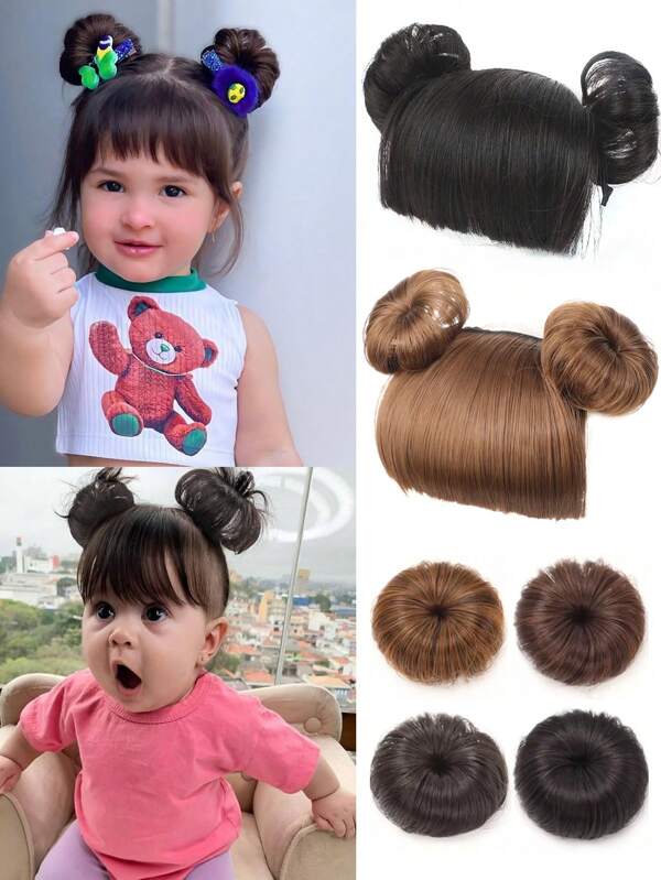 Peluca con flequillo y moño para niña, con clip, banda para el pelo, moños, uso diario, accesorios para cosplay, extensiones de pelo con clip, moño doble, negro y marrón, para niña.