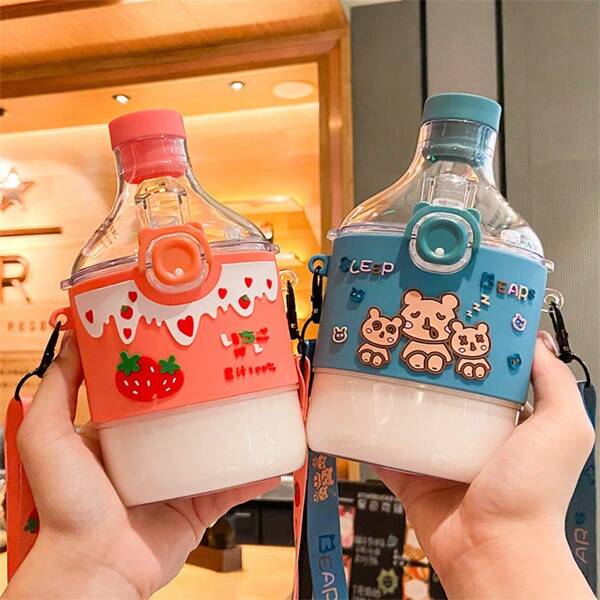 1pc 350ml Mist Spray Cartoon Water Bottle Cup With Drinking Straw, Multi-Color, Comes With Shoulder Strap, Cute & Fashionable, Suitable For Birthday, Back To School, Christmas Gifts, Summer Cooling