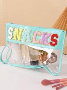 Fashionable Snack Storage Bag, Outdoor Travel Cosmetic Bag, Portable Women's Clutch Bag Storage Bag, Letter Printed Makeup Bag, PVC Waterproof Portable Cosmetic Storage Bag Toiletry Bags Summer Travel Essentials For Beach Vacation Holiday School Supplies Dorm Essentials Back To School Purse Travel Accessories Summer Beach Bag Tote Bag Wallet MakeUp Bag Car Accessories